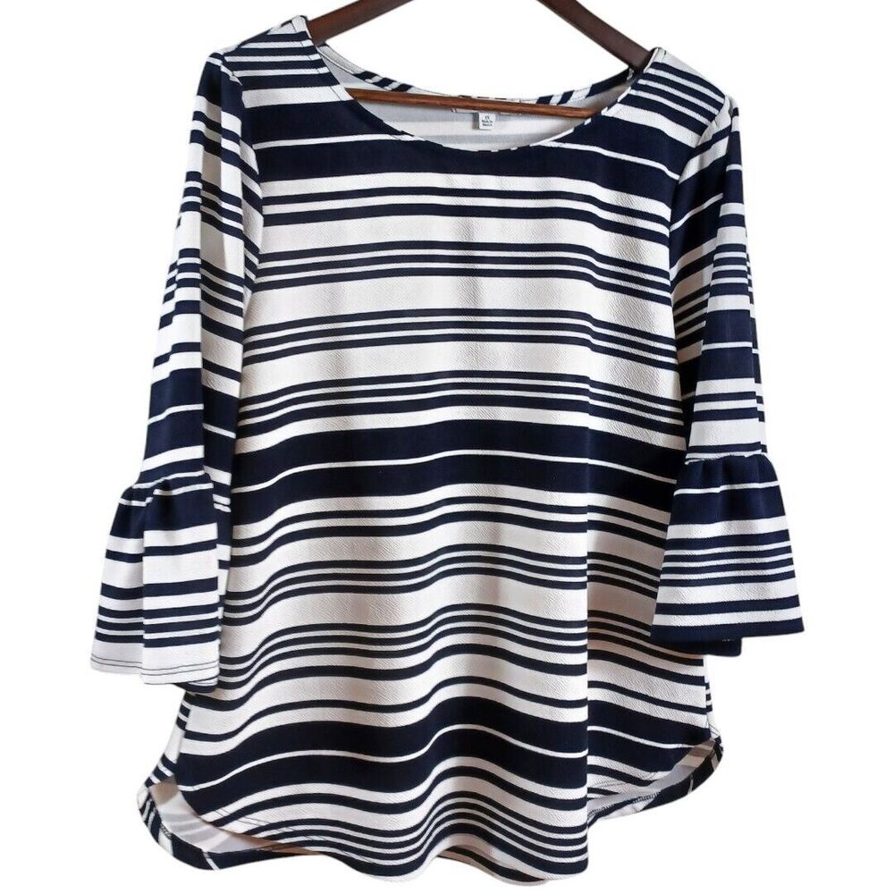 Green Envelope 1X Nautical White Blue Striped Blouse 3/4 Bell Sleeve Coastal Top